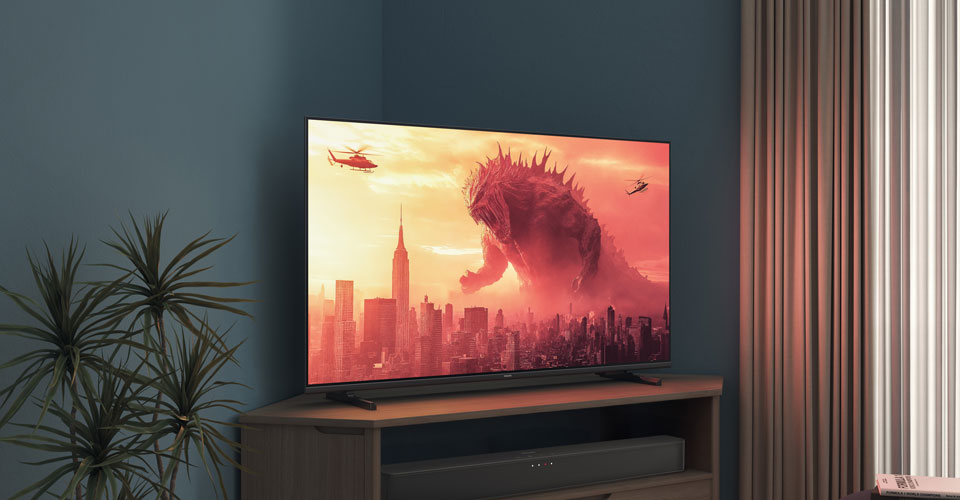 En Philips-TV p&aring; et hj&oslash;rnestativ viser en Godzilla-film